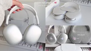 airpods max unboxing 🎀🎧 | aesthetic accessories, stickers deco & new pouch ◡̈