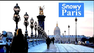 Paris France 🇫🇷- Beautiful snowy Paris  - HDR walking in Paris - 4K ultra Hd
