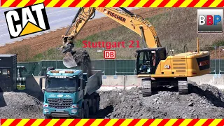 Stuttgart 21: CATERPILLAR 330 Next Generation & Volvo, MAN, Mercedes Dump Trucks, 23.04.2021.