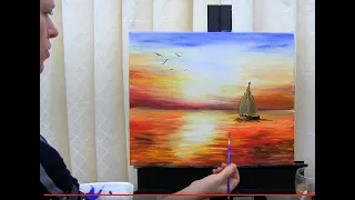 How to Paint an Ocean Sunset with a Sailboat | Paint and Sip at Home | Step by Step tutorial