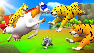 Super Cow Rescues Tigers from Giant Tiger Attack | Color Animals Cartoons | Wild Animals