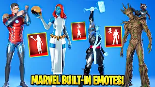 All Marvel Skins with Their BUILT-IN EMOTES.! (Suit Up, God of Thunder, Battle Brother, Snikt!)