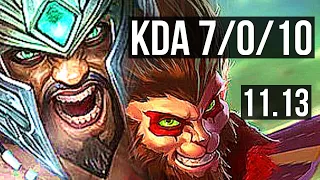 TRYNDAMERE vs WUKONG (TOP) | 7/0/10, 1700+ games, 1.6M mastery, Godlike | EUW Master | v11.13