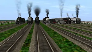 trainz racing - 844 vs 611 vs j3a vs br a3 vs 4460 vs 4014 vs 3985 vs n&w y6b #trainsimulator #games