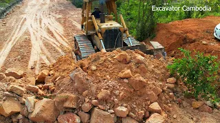 Finishing By Heavy Dozer Working Building Foundation Connecting New Road And Make Smoothly Road