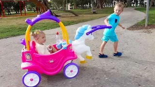 OUTDOOR ACTIVITY - Princess Horse and Carriage Little Tikes Cozy COUPE little girl and BROTHER