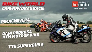 Bike World vs Carwow Drag Race! | TTS SuperBusa vs Dani Pedrosa on a KTM MotoGP Bike vs Rimac Nevera