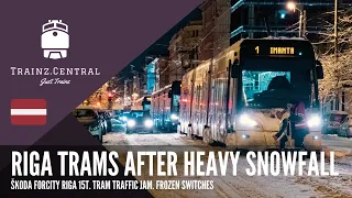 Trams in Riga city, after heavy snowfall. Tram traffic jam.LATVIA