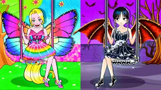 Paper Dolls Dress Up - Evil Wednesday vs Rainbow Rapunzel Dress - Barbie Story & Crafts
