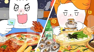 Steet food vendor Mukbang! (Seafood Pancake, Noodle, oyster sashimi) / Animation ASMR