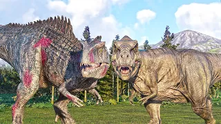 DOMINION GIGANOTOSAURUS VS Therizinosaurus and T Rex - Jurassic World Evolution 2