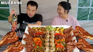 양갈비 먹방ㅣ숯불구이 숄더랙과 야채구이 & 참치마요주먹밥ㅣft.레드 와인 한잔🍷Lamb ribs & vegetables charcoal grilledㅣCooking&Mukbang