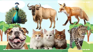 Sound Of Cute Animals, Familiar Animals: Peacock, Wildebeest, Fox, Dog, Cat & Leopard - Animal Video
