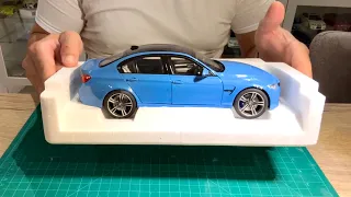 Unboxing and reviewing BMW M3 F80 scale 1/18 by Norev,  Yas Marina Blue