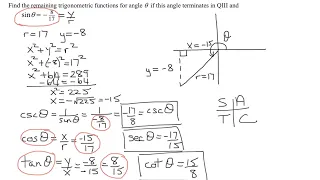 Find Trig Function Values Given the Sine Value and Quadrant of Angle