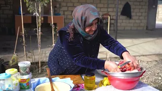 Grandmother in the Village Fries Calf's Liver on Saja   Kebab from the Liver on the Charcoal Mangal