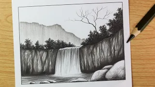 Charcoal pencil sketch scenery || Pencil shading video || Waterfall scenery sketch with pencil