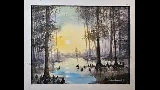 Watercolor Landscape painting: Colorful Cypress swamp with Wood Duck