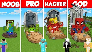 SUPERHERO GRAVE STONE BUILD CHALLENGE - Minecraft Battle: NOOB vs PRO vs HACKER vs GOD / Animation
