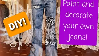 Fun DIY painting and decorating a pair of thrifted jeans.