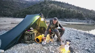 CAMPING in rain FOREST - TENT - Mountain Lake - Dog