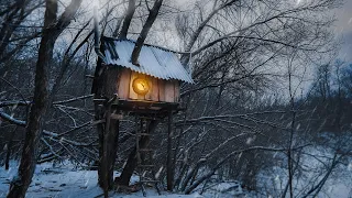 A man built a warm tree house, heated by a stove near a wild river | Construction only