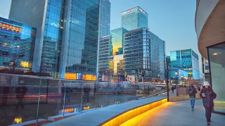 London Walk Tour of Canary Wharf incl. Winter Lights 2023 & New Towers at Dusk/Dark - 4K 60FPS