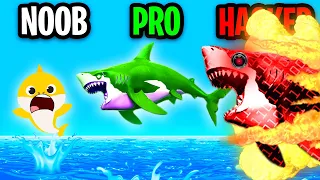 NOOB vs PRO vs HACKER In HUNGRY SHARK WORLD!? (MAX LEVEL SHARKS UNLOCKED!)