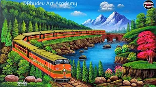 Train Scenery Painting With EarthwaterColour|Train Painting|Mountain Scenery Painting With Train