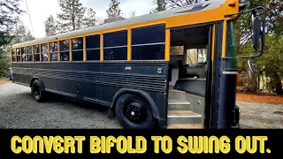 making our bus bifold door into a swing out.  for dirt cheap!!  #skoolie