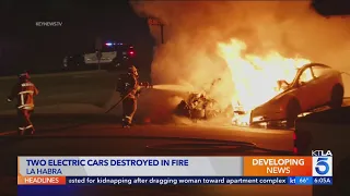 Parked electric vehicles destroyed by fire outside La Habra home