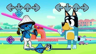 FNF NEW Smurf Cat vs Bluey, Bingo & Muffin ALL PHASES Sings Bluey Can Can | Smurf meme FNF Mods