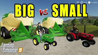 Farming Simulator 19 - MINI LAWN TRACTORS vs BIG BALER! GRASS JOB WITH JOHN DEERE AND CASE TRACTORS!