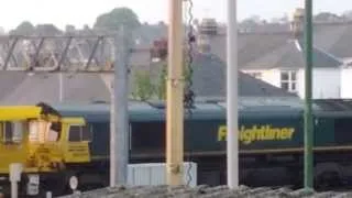 Plymouth Station, Devon, England. Freightliner diesel pulling an engineering train.