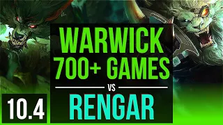 WARWICK vs RENGAR (JUNGLE) | 1.6M mastery points, 700+ games, KDA 7/2/10 | Korea Master | v10.4