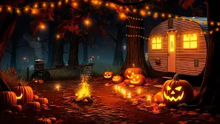 Autumn Camping Halloween Ambience with Relaxing Cracking Campfire, Night Sound, Forest Spooky Sound