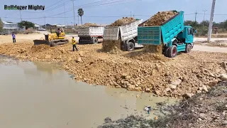 Updating! New Action continues, Bulldozer KOMATSU D37P Push Soil & Stone Into Water, Dump Truck