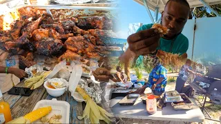 Eating Lunch In Bahamas Grill Lobster + Jerk Leg + Grill Fish Grill Corn At The Beach