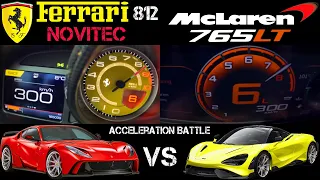 McLaren 765LT vs Ferrari 812 Novitec acceleration 0-300 and battle exhaust sound