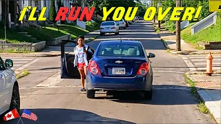 PEACEFUL LADY ALMOST RUNS BIKER OFF THE ROAD THEN HAS ROAD RAGE