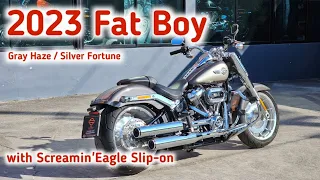 Fat Boy 2023 2Tone with Screamin'Eagle Slip-on Walkaround Close up detail + Rev