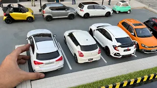 Parking Mini Hatchback Diecast Model Car Collection at Miniature Parking Lot