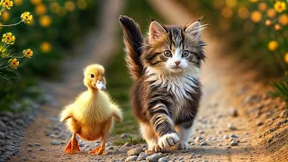 The kitten is taking the duckling for a walk! The duckling looks bewildered! FUNNIEST Pet🤣Funny Cute