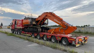 Transport of brand new Hitachi ZX350 excavator. Oversizeload powered by Volvo and Goldhofer.