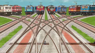 8 TRAINS🆓️CROSSING AT CURVED BRANCHED DAIMOND RISKY RAILROAD TRACKS | train simulator indian railway