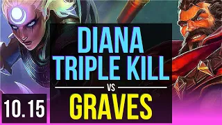 DIANA vs GRAVES (MID) | Triple Kill, 600+ games, 2 early solo kills, KDA 14/2/5 | BR Master | v10.15