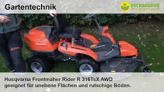 Husqvarna Frontmäher Rider R 316TsX AWD geeignet für unebene Flächen und rutschige Böden.