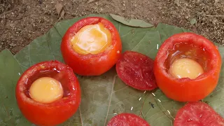 How To Cook Raw Egg Omelette In A Tomato | Wild Survival Style | Rare Recipes | Special Egg Recipe