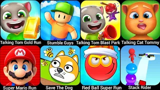 Super Mario Run,Tom Gold Run,Save The Dog,Stumble Guys,Stack Rider,Talking Tom Blast Park....