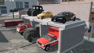 Cars vs Portal Trap with Vehicles JCB Cartoon Car School Bus Cement Truck Vehicles Iron Cage Game